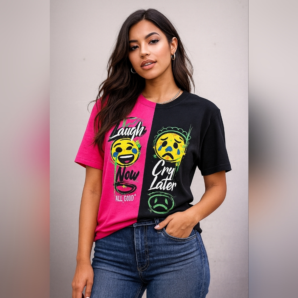 Graphic Emoji Tee In Pink and Black